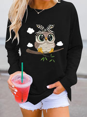 Owl Print Pullover Sweatshirt for Spring & Fall Women's Clothing