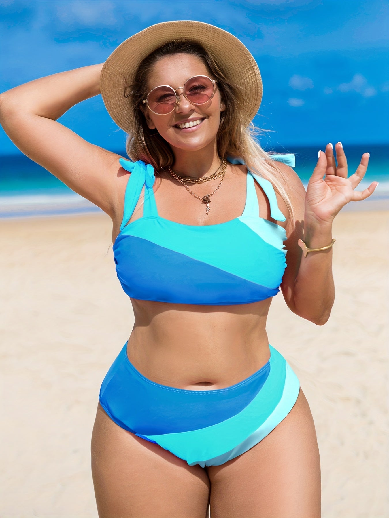 Colorblock Bikini Set Tie Shoulder Top & Underwear Swimsuit