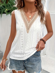 Eyelet Lace Stitching V Neck Tank Top Sleeveless Summer Women's Clothing
