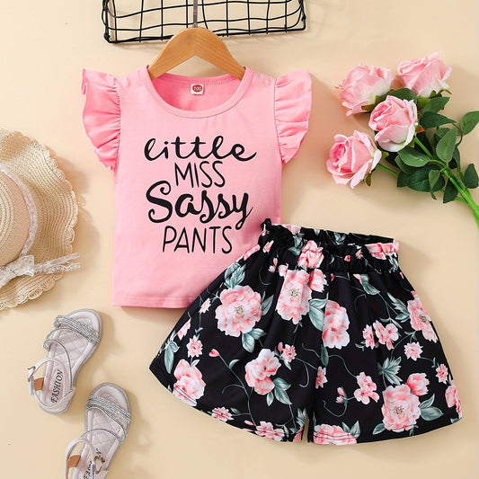 2pcs Toddler Girls Little Miss Sassy Top & Floral Shorts Set