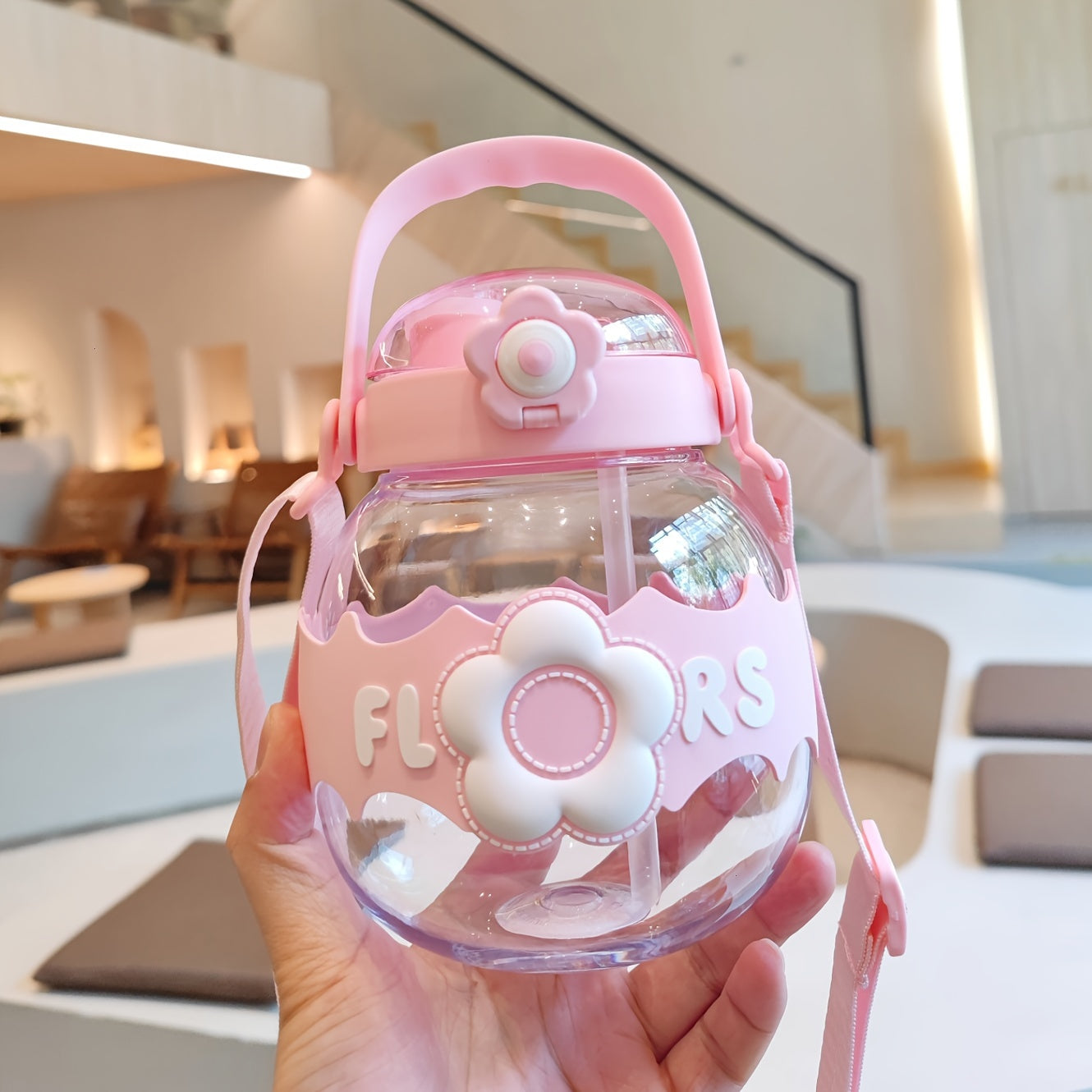 1100ml Big Belly Cup With Straw Cartoon Flower Handle Water Bottle