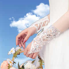 Pisiano Lace Up Gloves with Rhinestones and Sequins Fingerless Bridal Gloves
