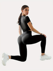 Solid Workout Set Crop Top and High Waisted Leggings Women's Activewear
