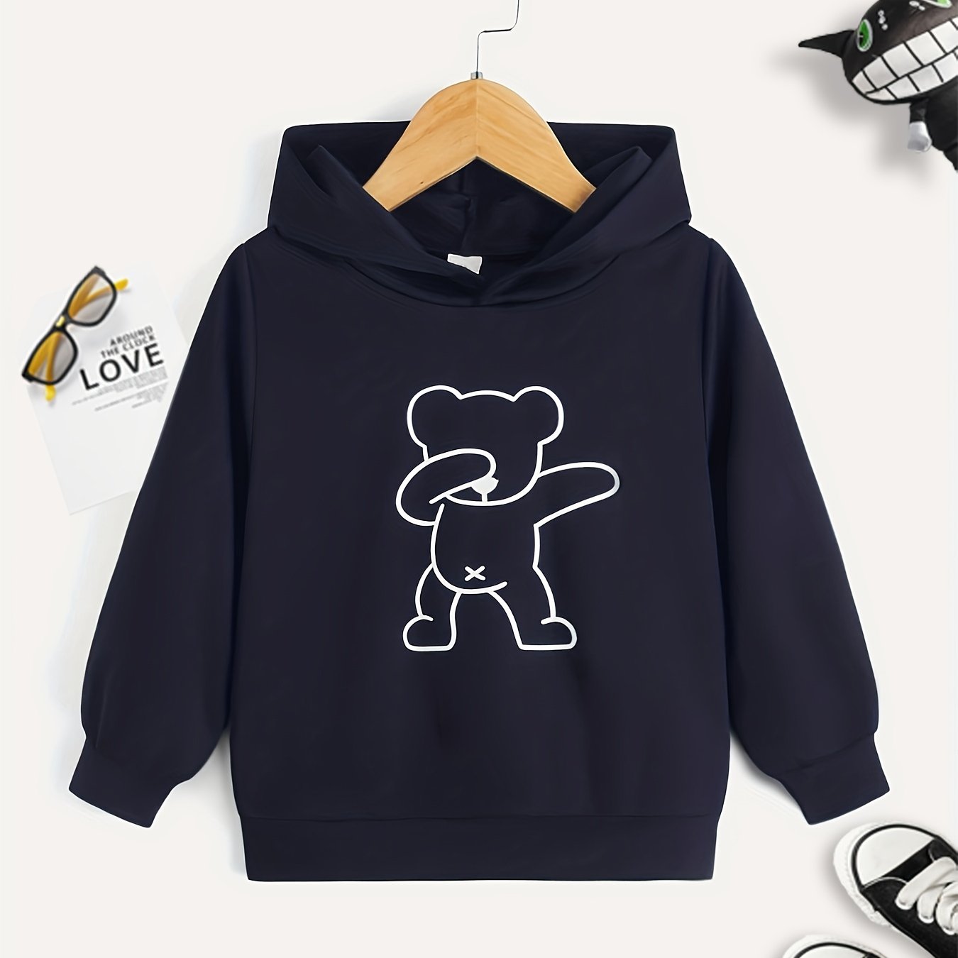 Bear Print Boys Casual Hooded Sweatshirt for Spring Fall