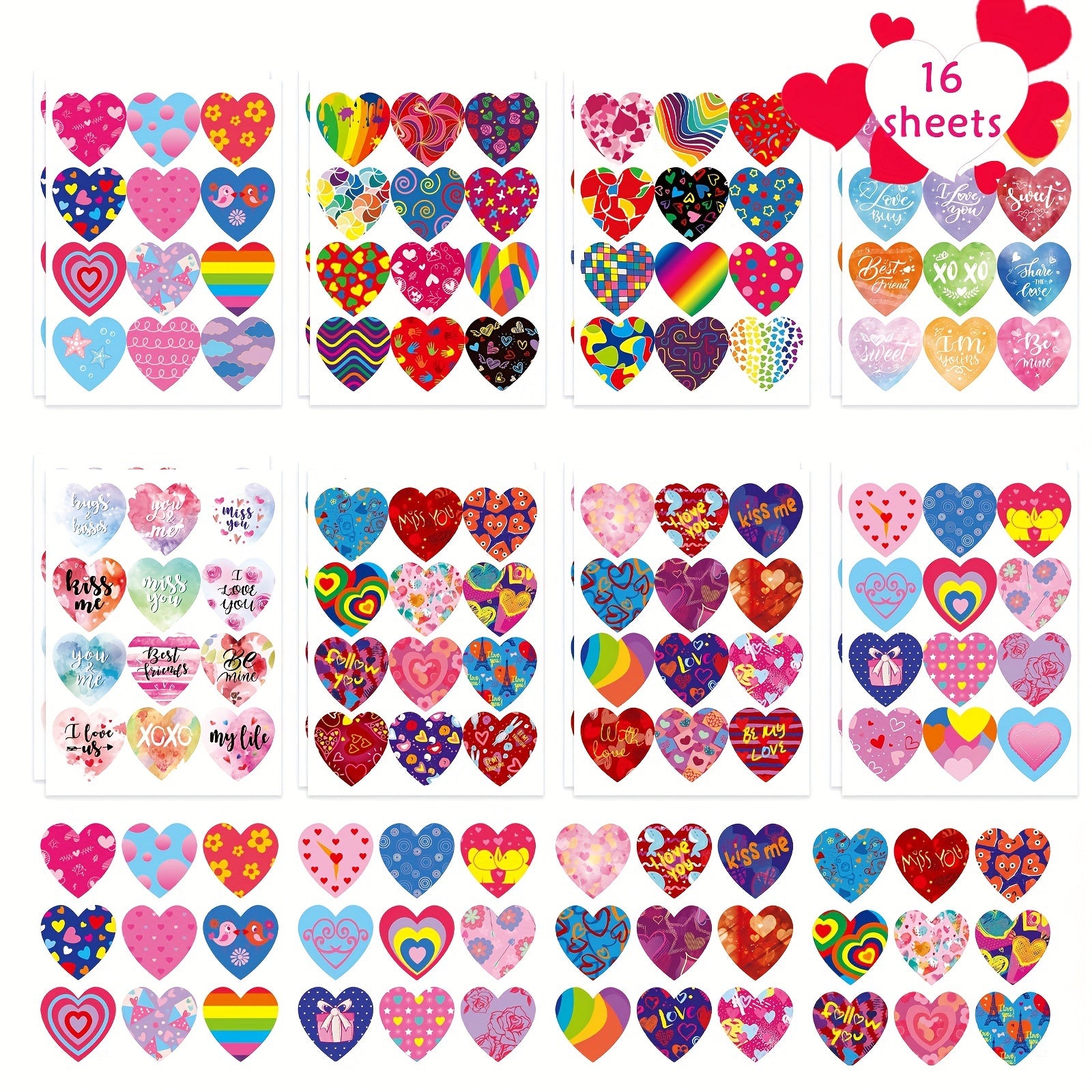 Heart Shaped Envelope Seal Stickers for Gifts, 16 Sheets