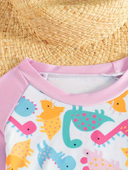 Dino Print 2pc Swimsuits Splicing Top & Ruffle Shorts Girls