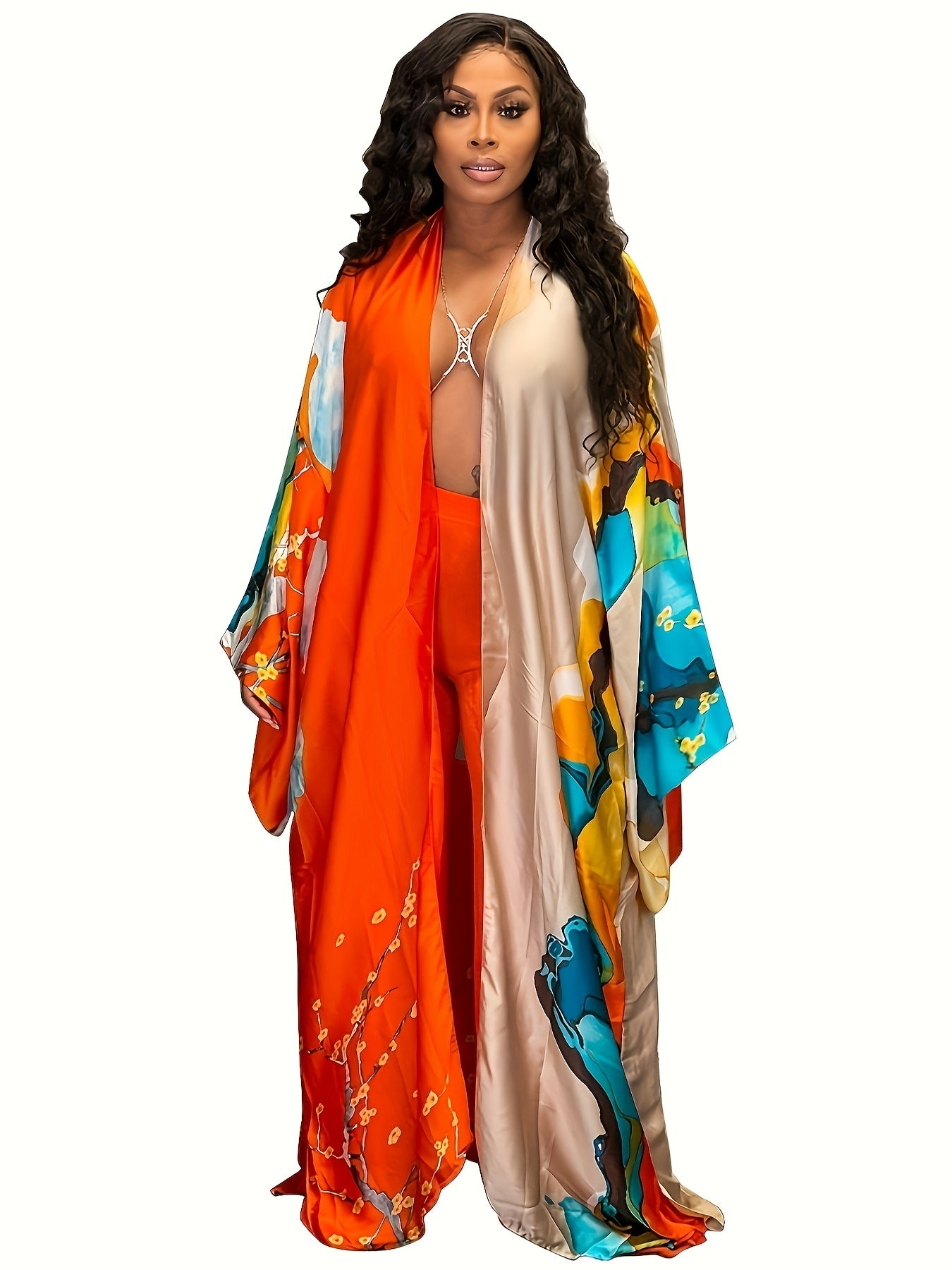 Retro Kimono Women's Plus Floral Print Batwing Sleeve Open Front Kimon