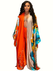 Retro Kimono Women's Plus Floral Print Batwing Sleeve Open Front Kimon