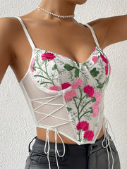 Floral Embroidered Cami Top Tie Front Sleeveless Summer Top