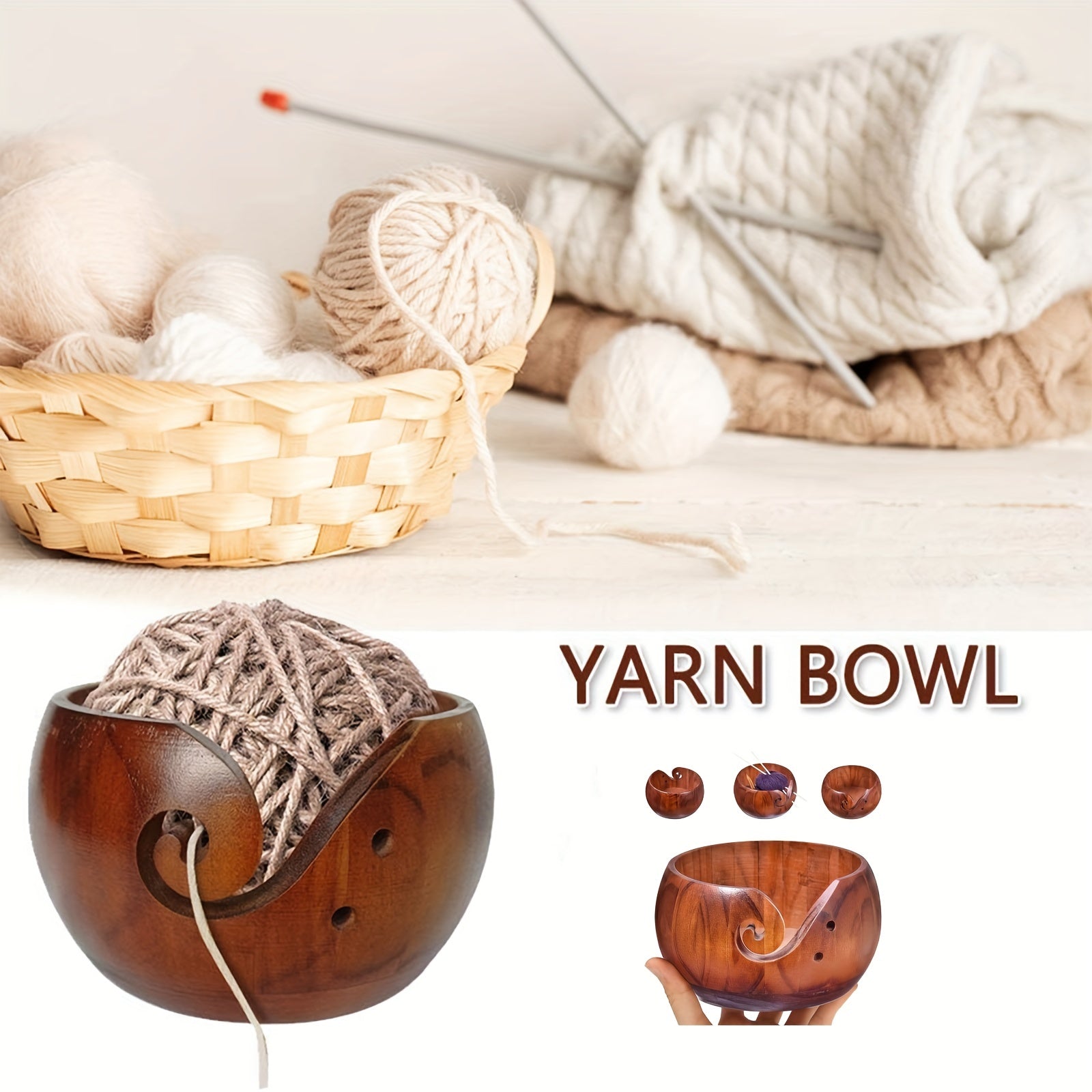 Wooden Yarn Bowl Crochet Wool Thread Storage Holder Carved Hole