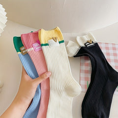 4 Pairs Heart Pattern Socks Colorblock Crew Women's Stockings