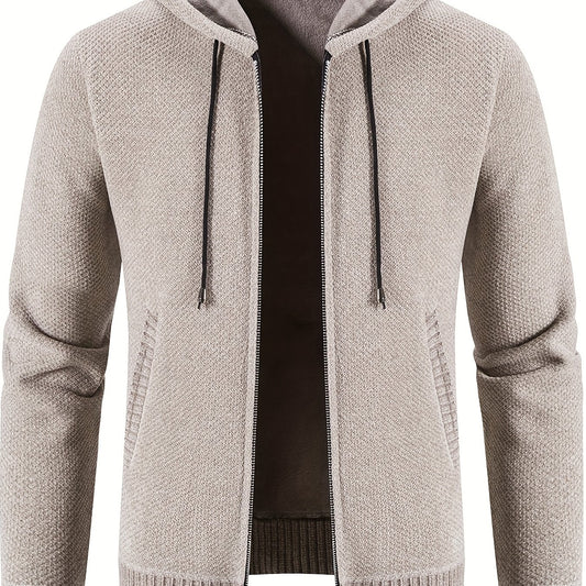 Men's Hooded Fleece Jacket Zip Up Knitted Cardigan