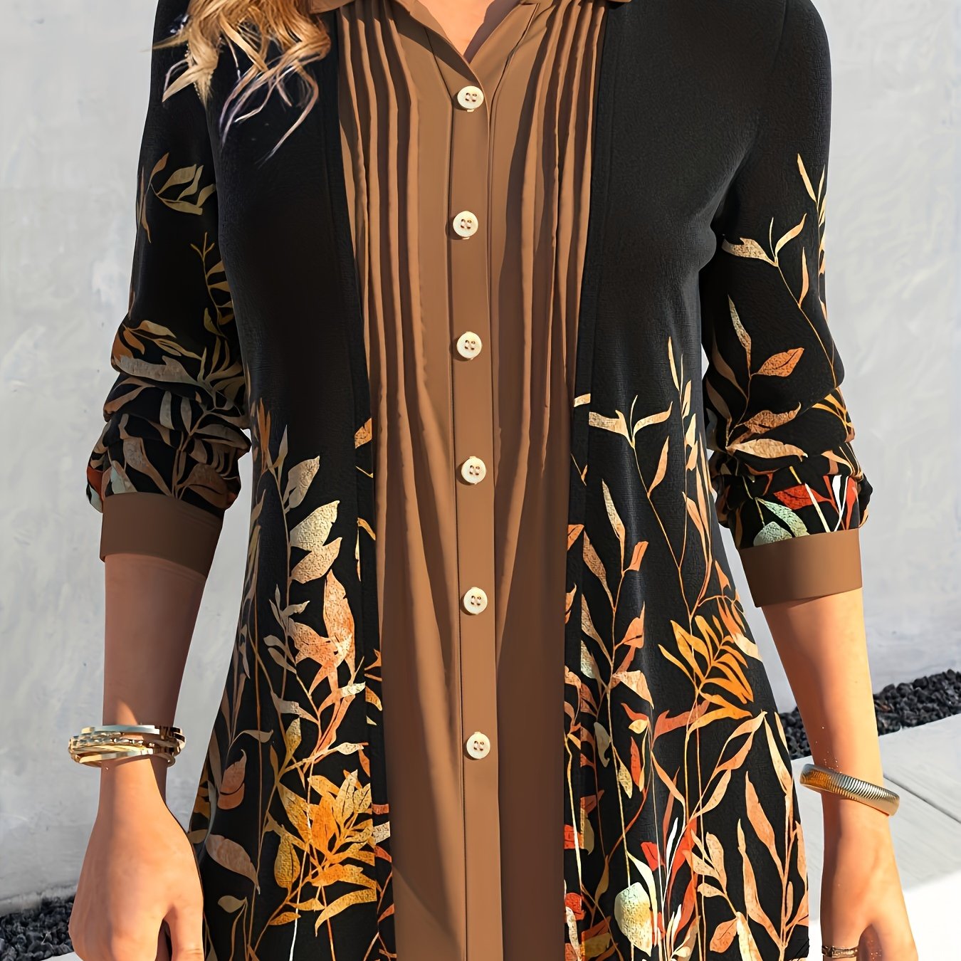 Leaf Print Button Up Long Sleeve Blouse