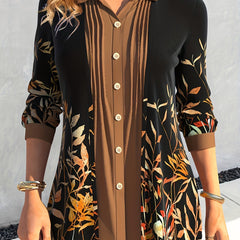 Leaf Print Button Up Long Sleeve Blouse