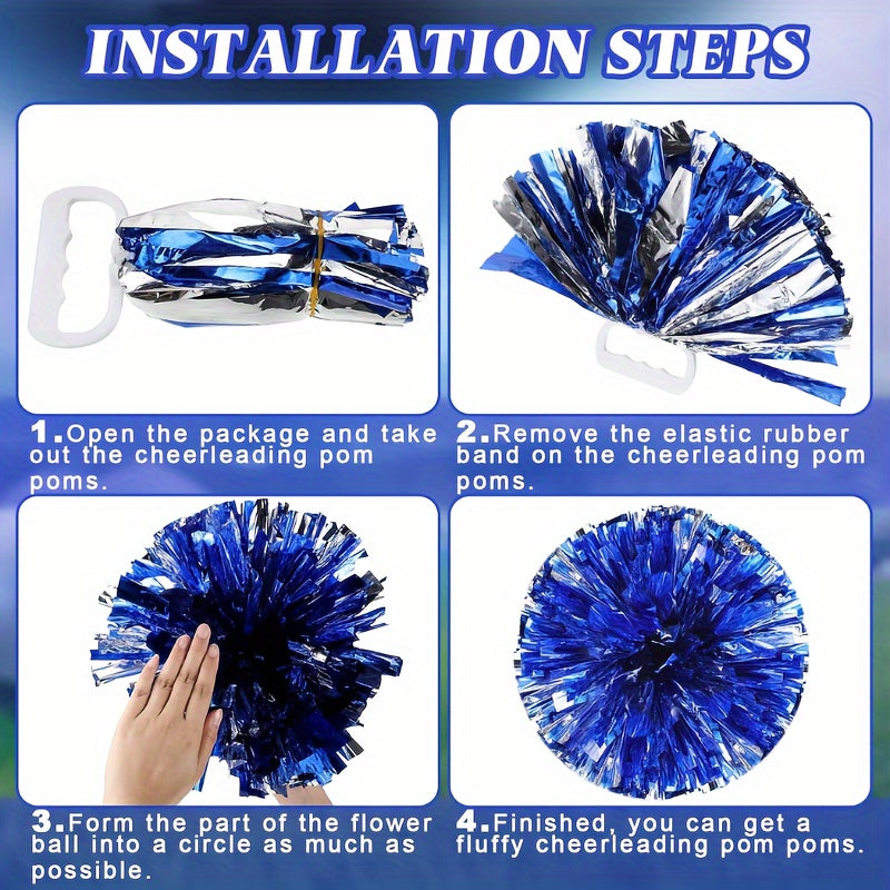 Cheerleader Pom Poms & Hair Bow Set w/ Baton Handle for Dance & Cheering