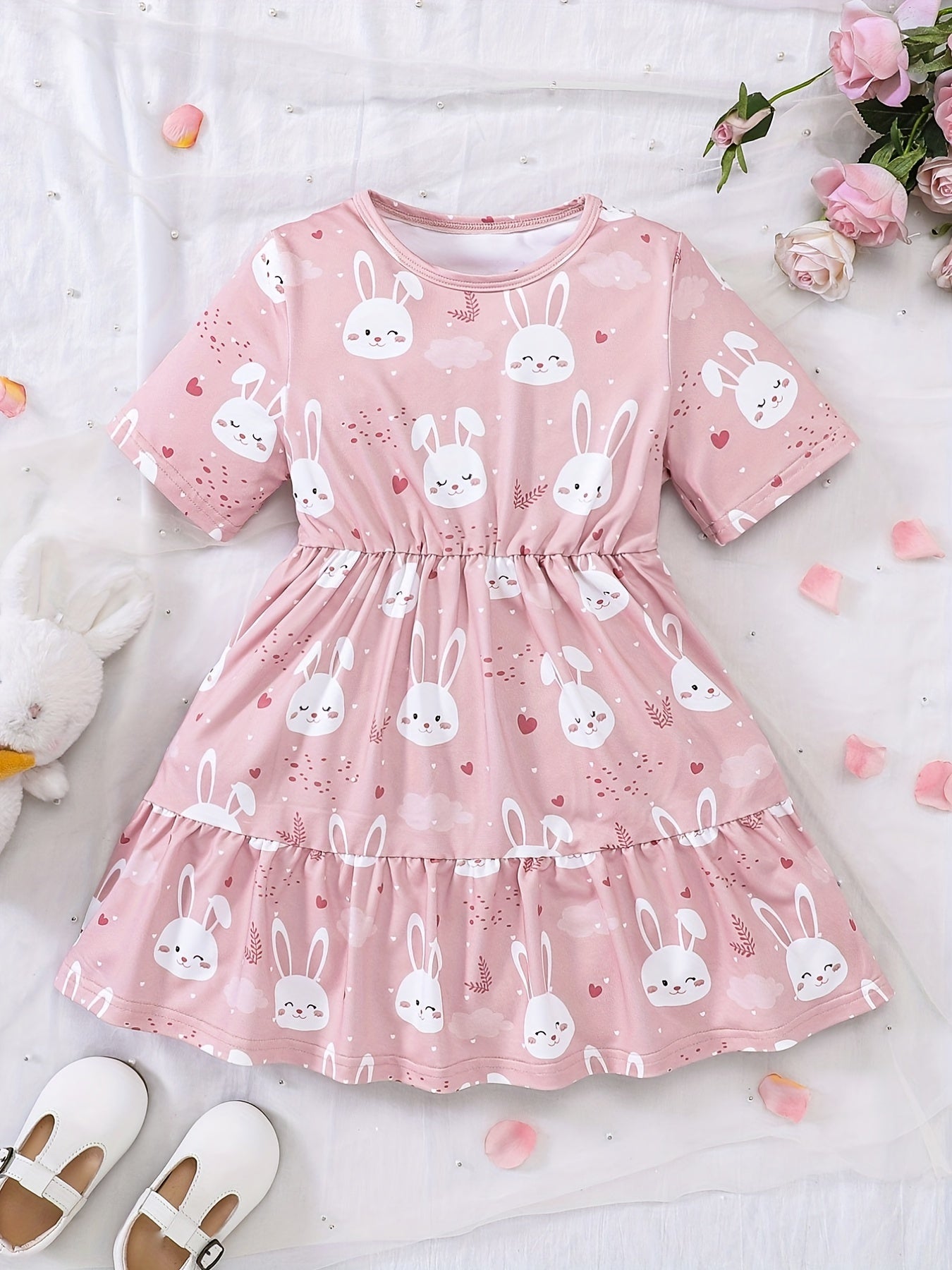 Girls' Bunny Ruffle A-Line Dress Short Sleeve Pullover