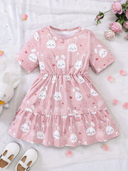 Girls' Bunny Ruffle A-Line Dress Short Sleeve Pullover