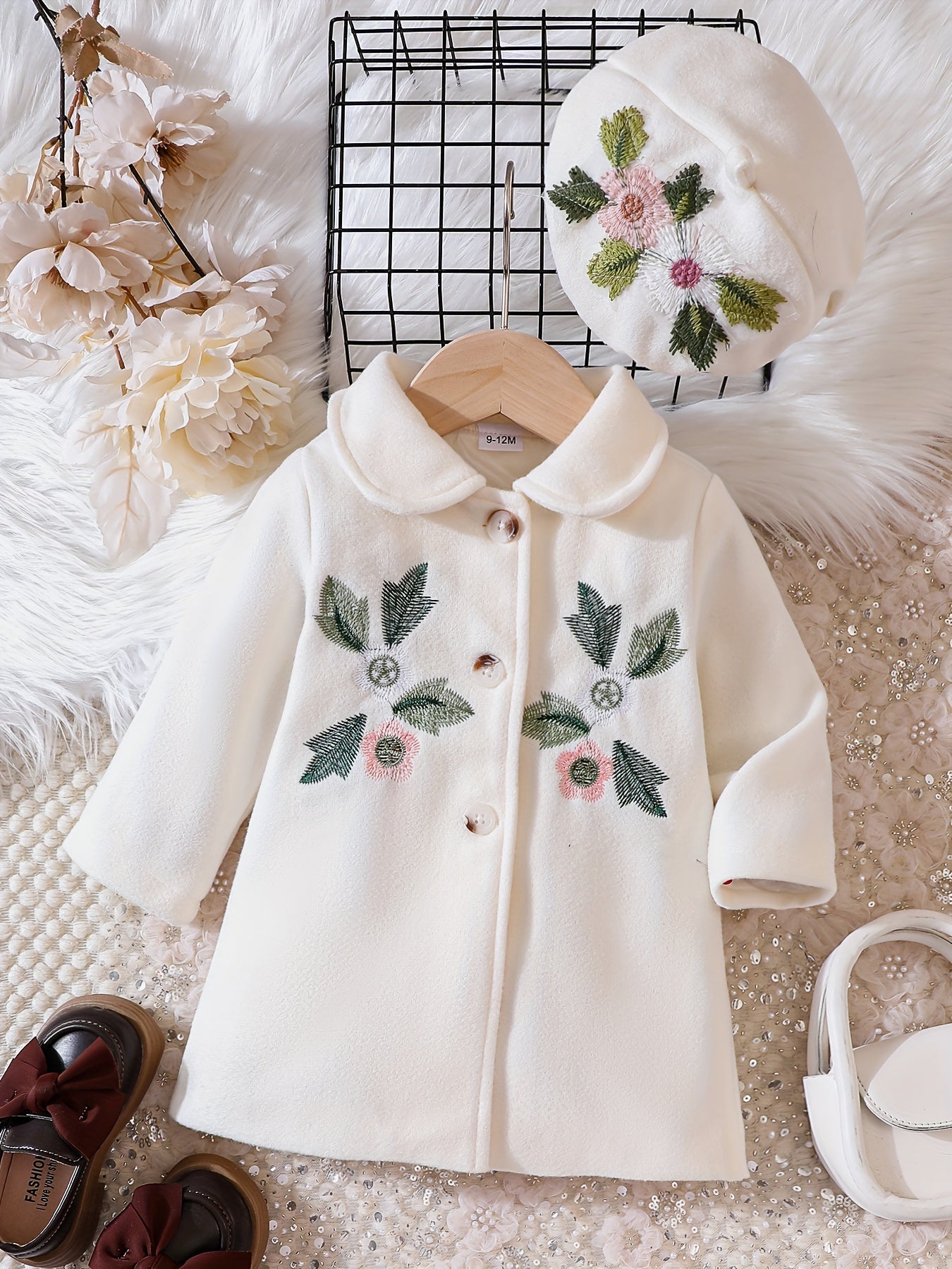Baby Girl's Floral Print Thermal Long Coat Child's Single Breasted Outwear