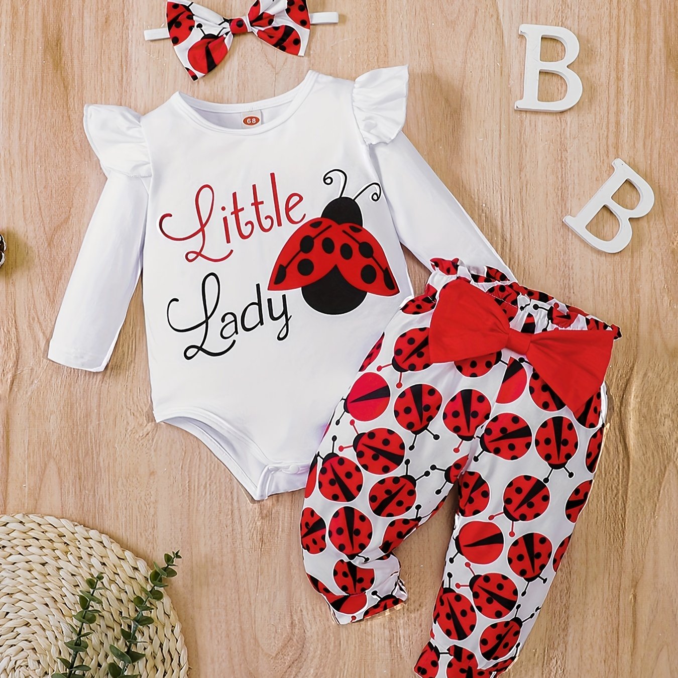 Ladybug Print Baby Romper & Pants Set For Autumn & Spring