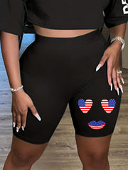 Independence Casual Shorts Women's Plus Flag Heart Print Biker Shorts