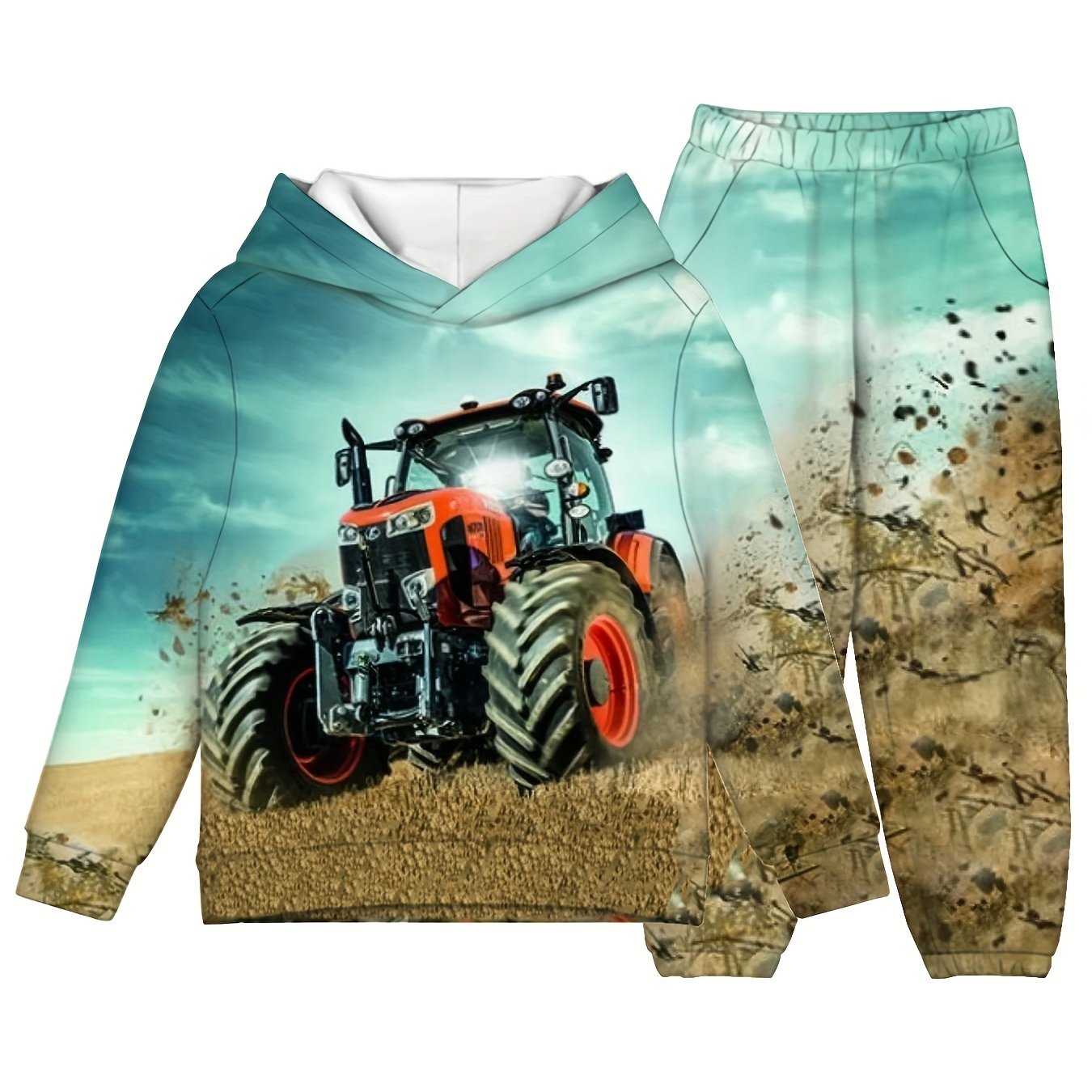 2pcs Boy's 3D Tractor Hoodie & Pants Set For Fall Winter