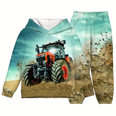 2pcs Boy's 3D Tractor Hoodie & Pants Set For Fall Winter