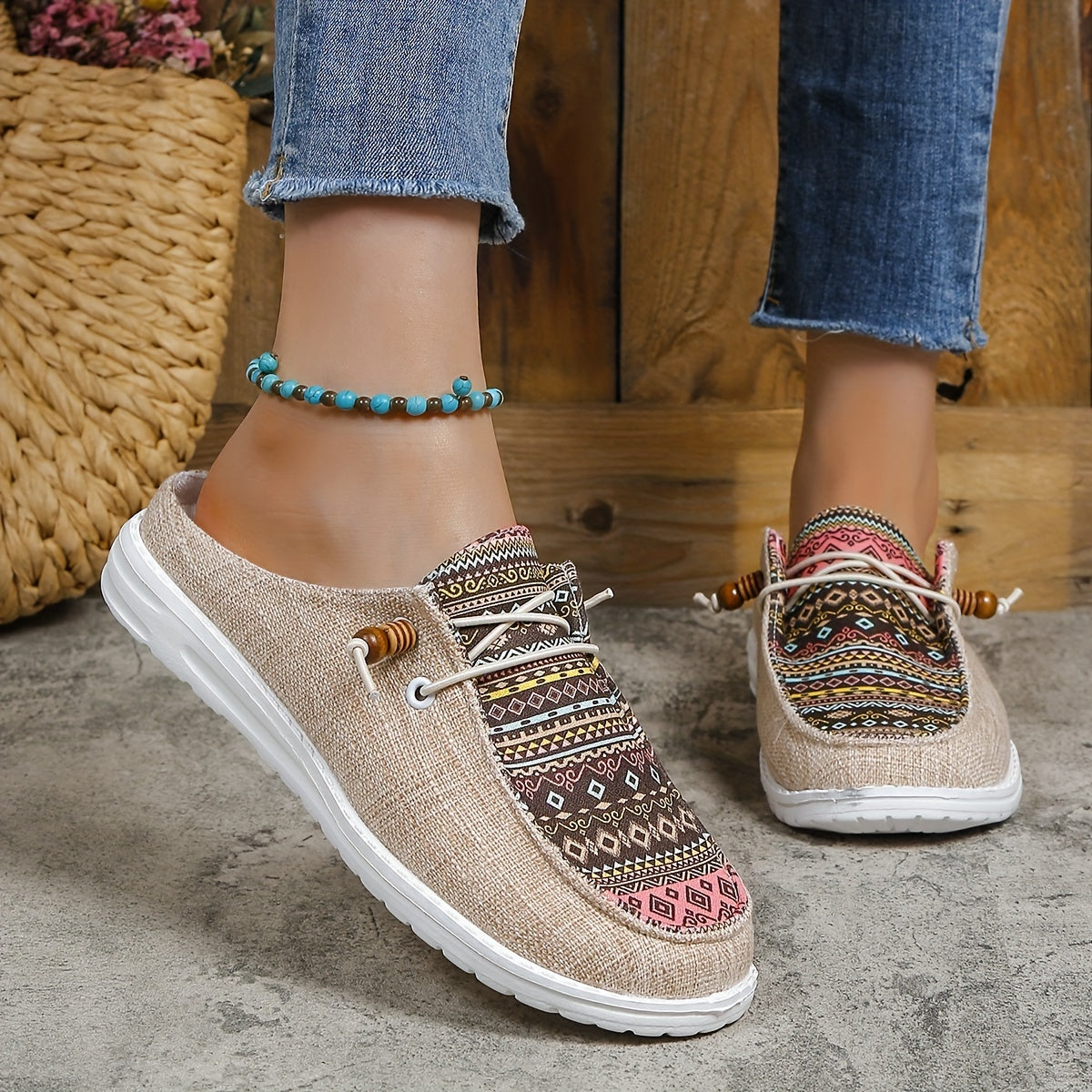 Women's Geometric Canvas Sneakers Low Top Retro Walking Loafers