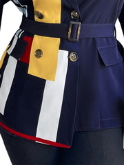 Colorblock Geometric Print Blazer With Belt
