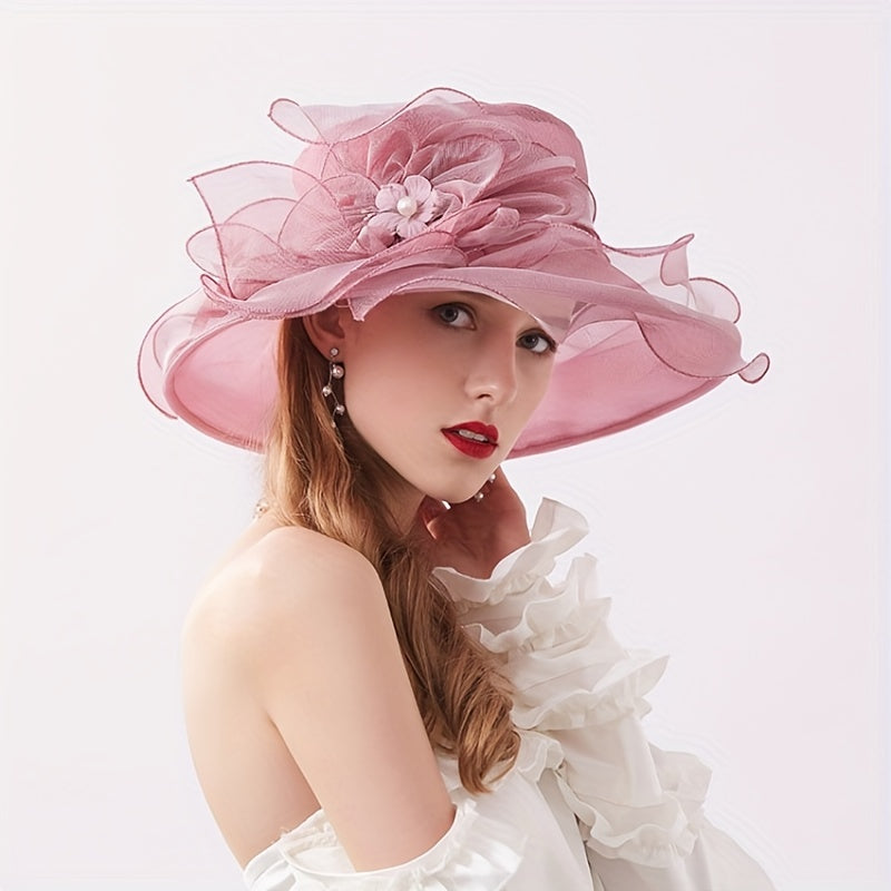 Ruffles Sun Hat Flower Decor Organza Church Derby Hats Mesh Travel Beach Hats