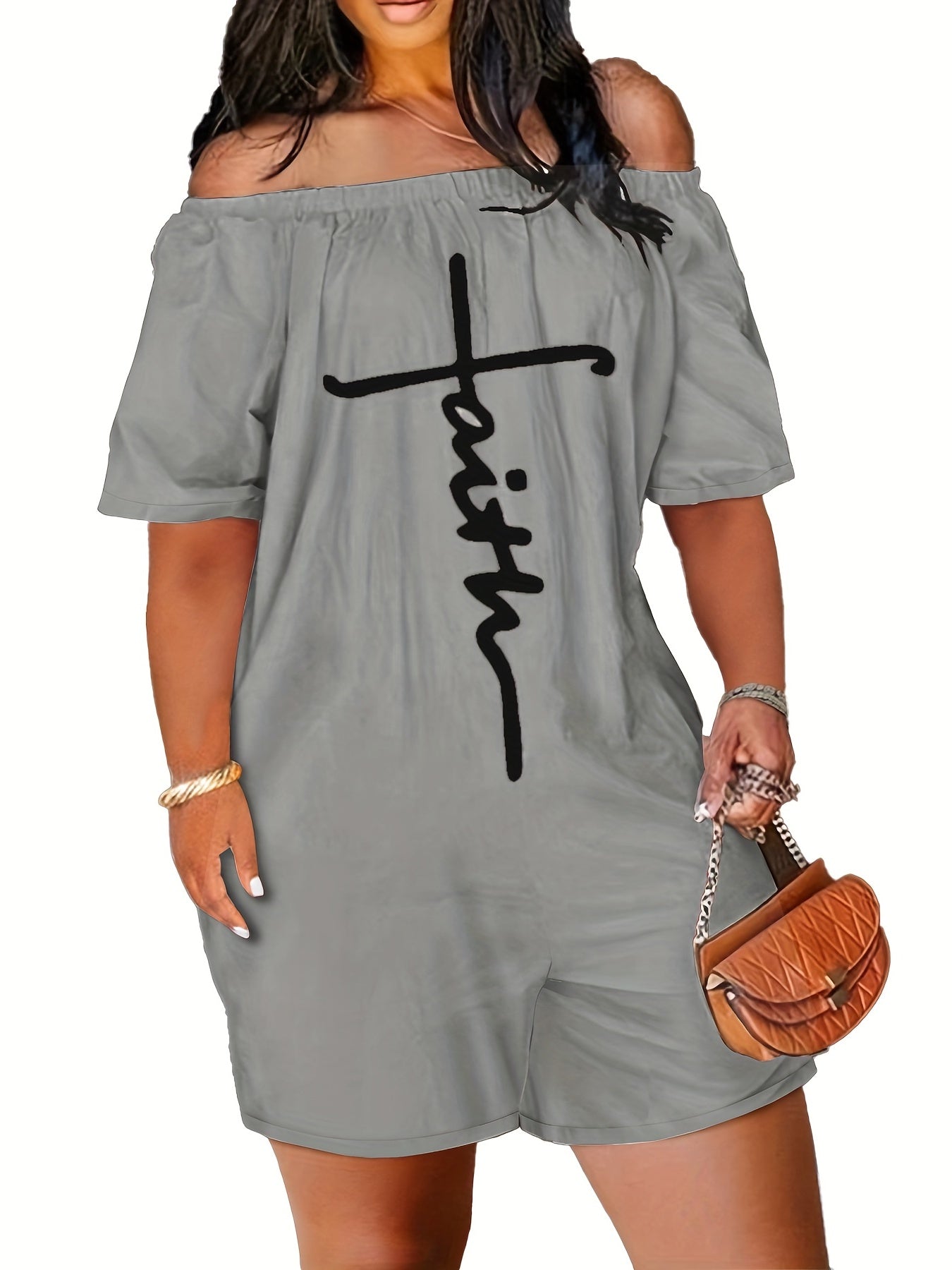 Faith Letter Embroidered Jumpsuit Off Shoulder Short Sleeve