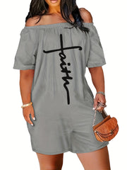 Faith Letter Embroidered Jumpsuit Off Shoulder Short Sleeve