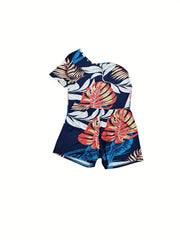 Tropical Print One Shoulder Split Top & Shorts Set