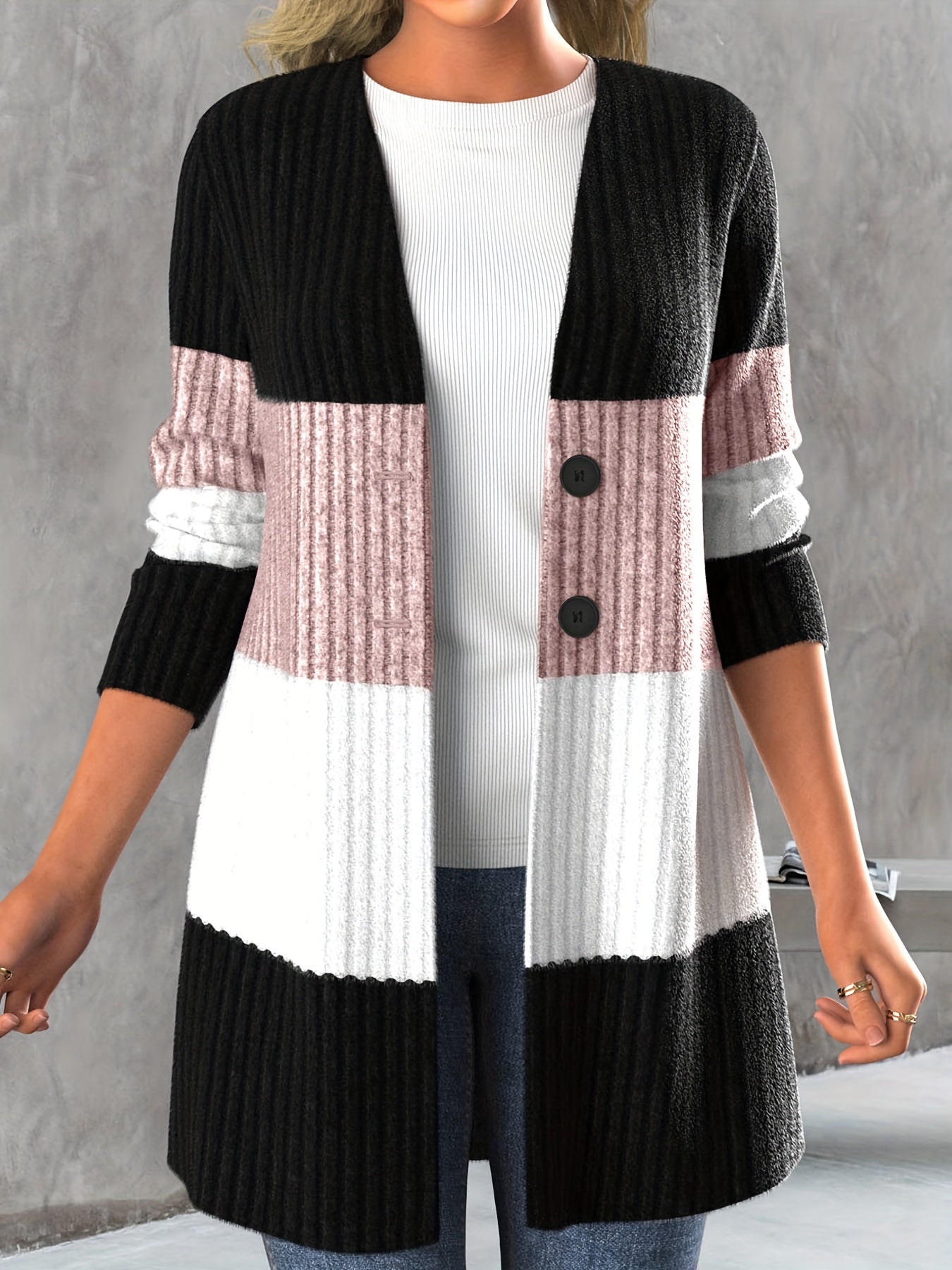 Colorblock Button Front Knitted Cardigan Long Sleeve Casual Fall Winter