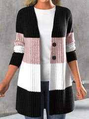 Colorblock Button Front Knitted Cardigan Long Sleeve Casual Fall Winter
