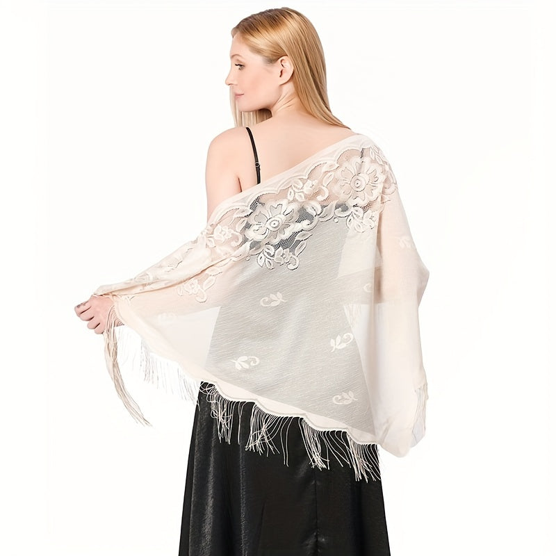 Embroidered Lace Tassel Triangle Scarf Mantilla Head Covering