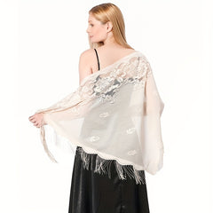 Embroidered Lace Tassel Triangle Scarf Mantilla Head Covering