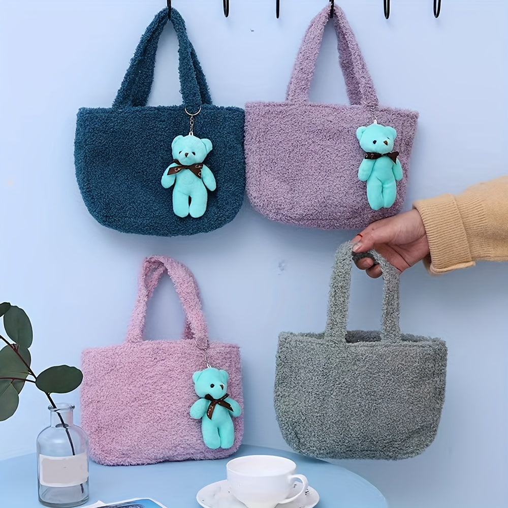 Fluffy Portable Handbag With Bear Pendant Magnet Closure