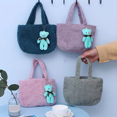 Fluffy Portable Handbag With Bear Pendant Magnet Closure