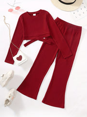 Girls Ribbed Cut Out Top & Flared Pants Set
