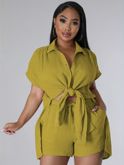 Casual Two piece Set Button Front Shirt & Drawstring Shorts