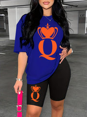 Crowned Q Print Matching Set Casual Short Sleeve T shirt & Biker Shorts
