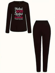 Slogan Print Tee & Legging Outfits Set