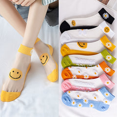 Daisy Print Socks Contrast Mesh Crew Short Socks Women's Stockings