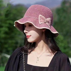 Ruffles Knit Bucket Hat with Bow Hollow Crochet Sun Hat