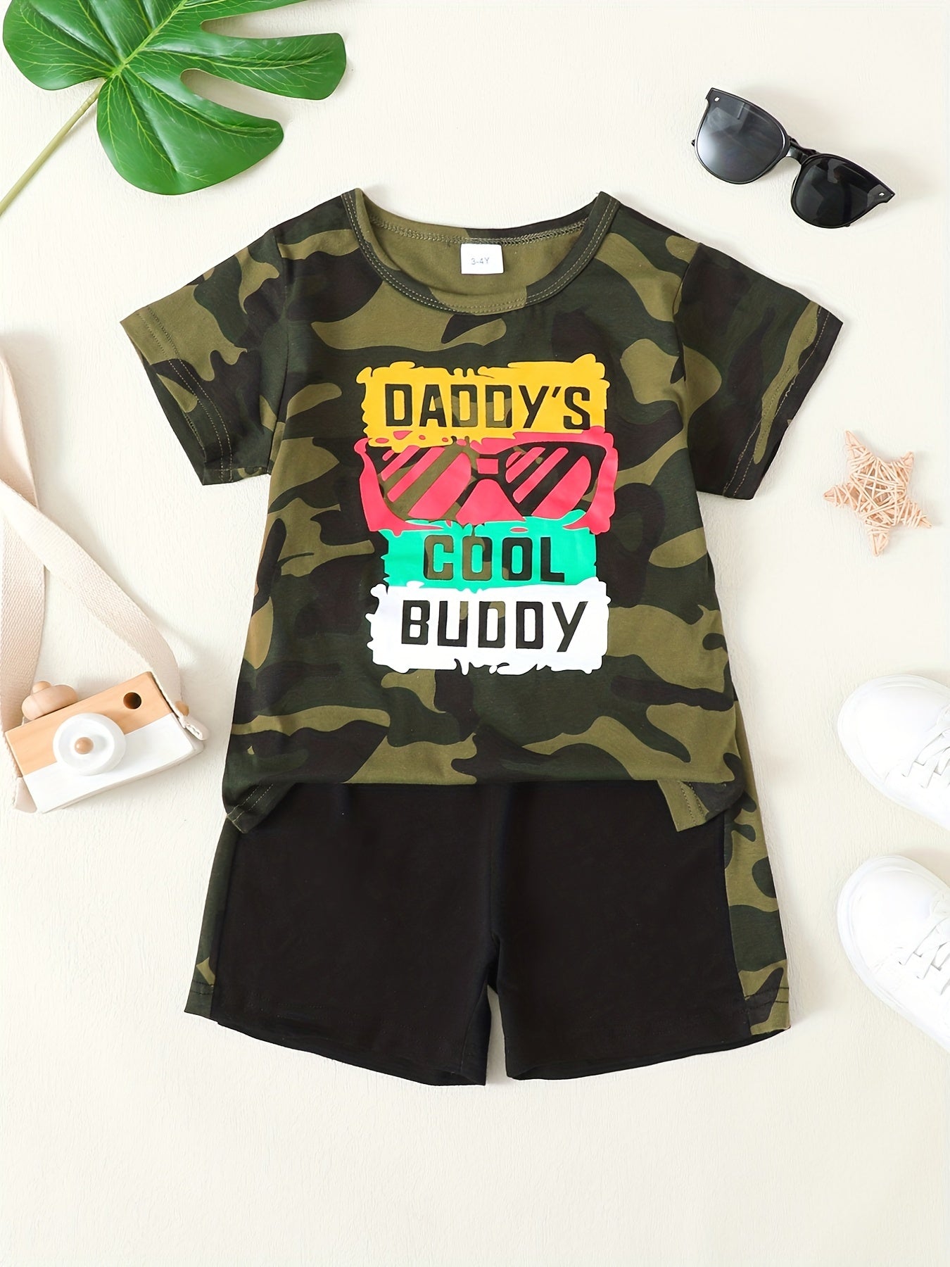 Toddler Boys Letter Print Top & Camo Shorts Set