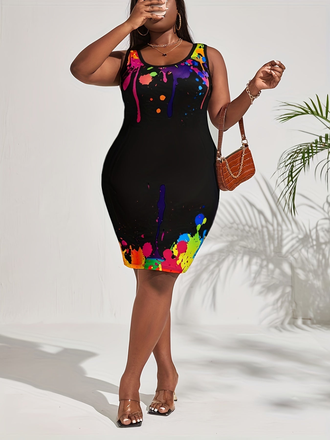 Women's Plus Splash Print Round Neck Medium Stretch Slim Fit Tank Dress