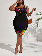 Women's Plus Splash Print Round Neck Medium Stretch Slim Fit Tank Dress