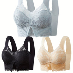3pcs Full Coverage Lace Wireless Bras for Women's Lingerie