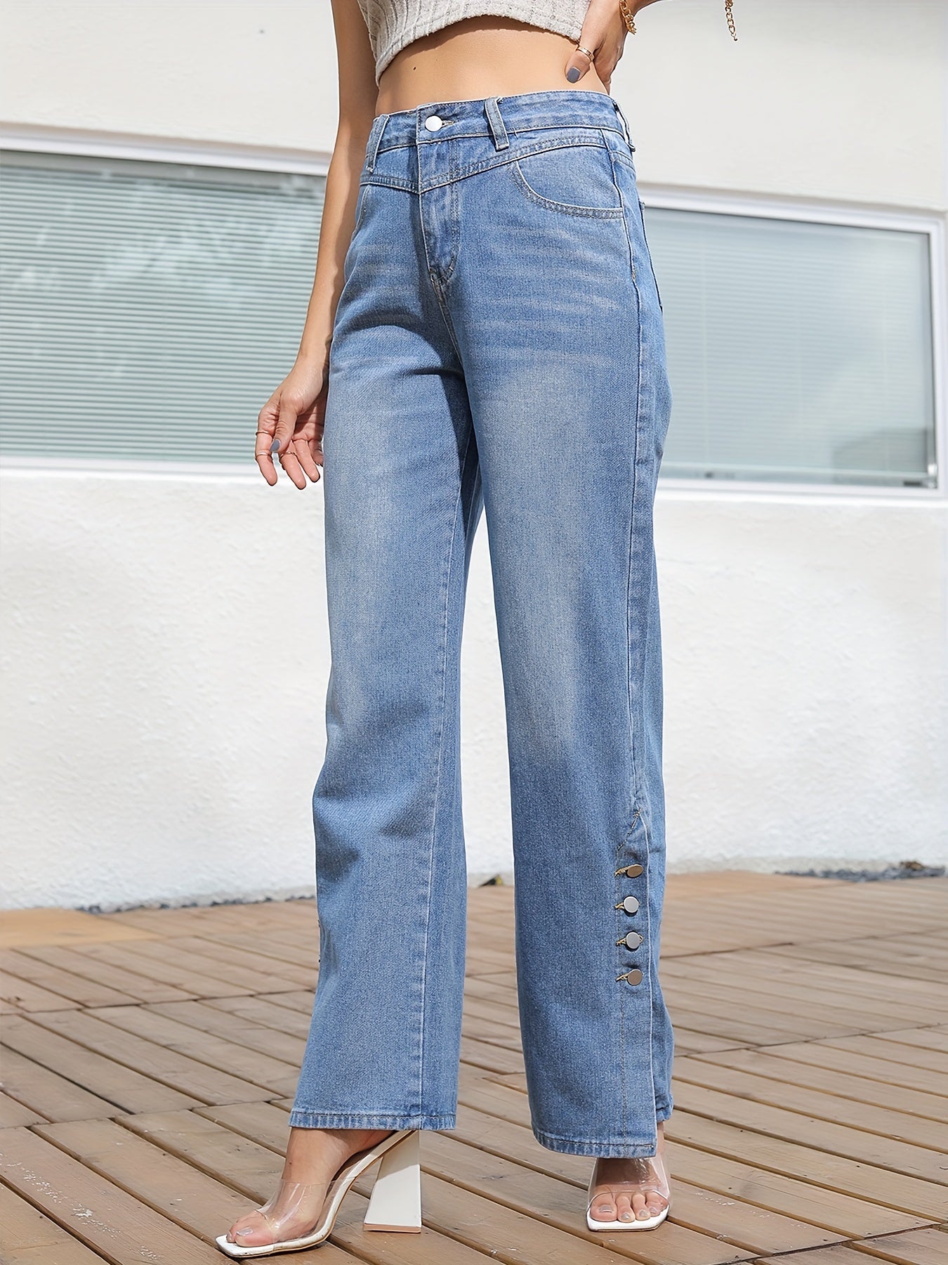 Wide Leg Straight Jeans Loose Fit Slash Pockets Button Detail Denim Pants