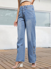 Wide Leg Straight Jeans Loose Fit Slash Pockets Button Detail Denim Pants